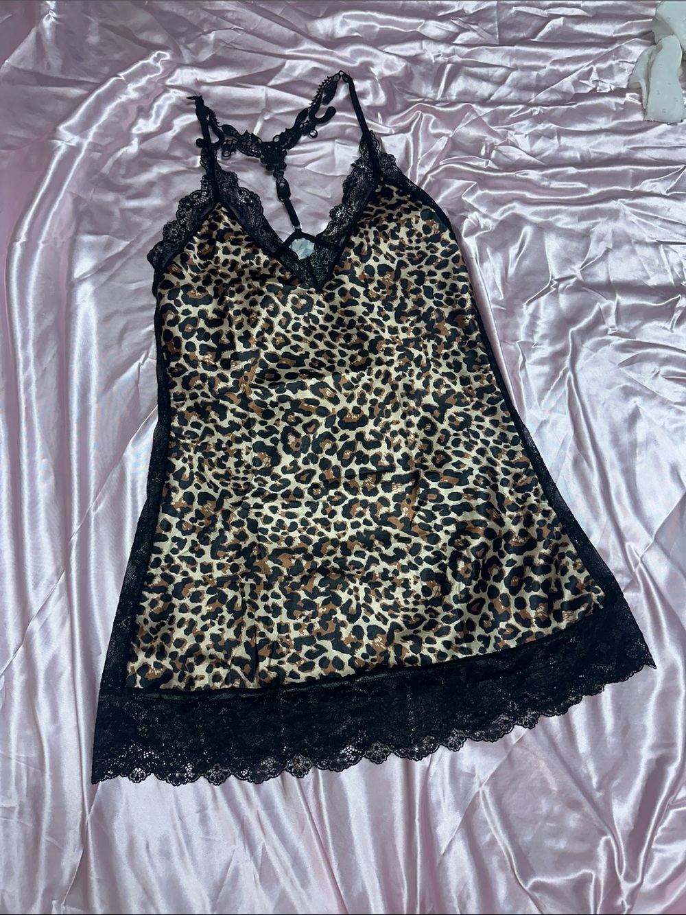 Leopard Print Lace-Trim Chemise Nightdress - Black Trim
